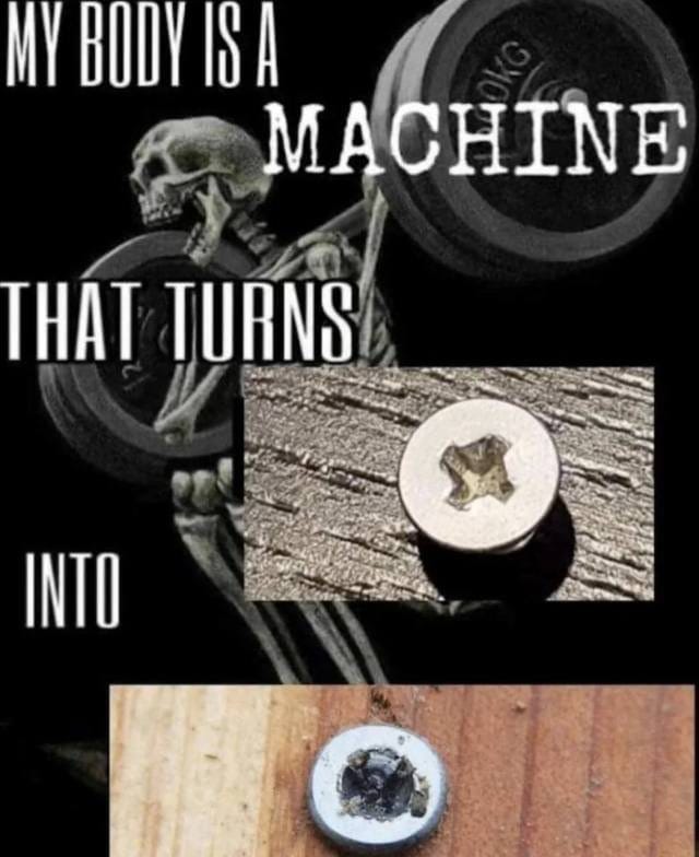 The meme features a image of a skeletal figure holding a weight, with the text "My body is a temple, but a temple made of meat and easily broken" and a photo of a rusty old screw. The image is meant to be humorous and ironic, poking fun at the idea of taking care of one's body.